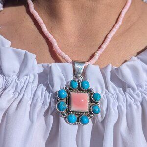 Genuine Navajo Handmade Necklace Pink‎ Conch Shell Turquoise Native American ***